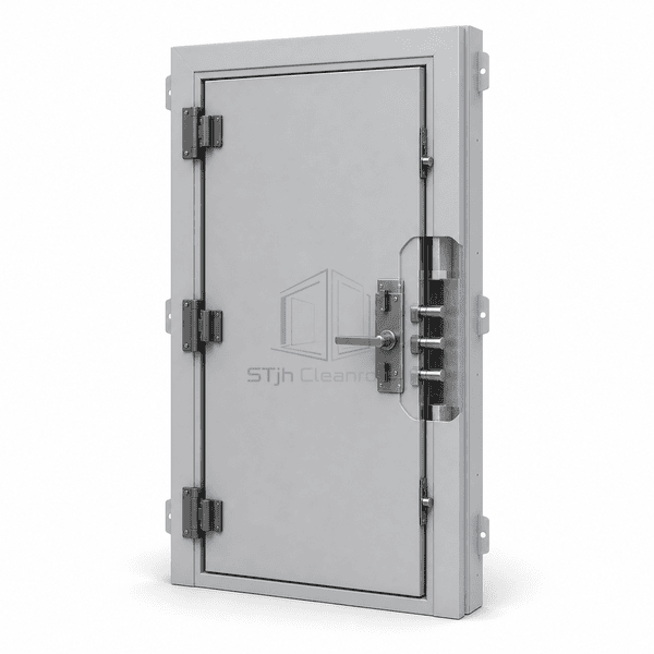 Blast-resistant cleanroom door hinge reinforcement and multi-point latch detail