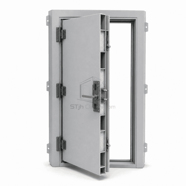 Blast-resistant cleanroom door cutaway showing deep leaf and steel stiffeners