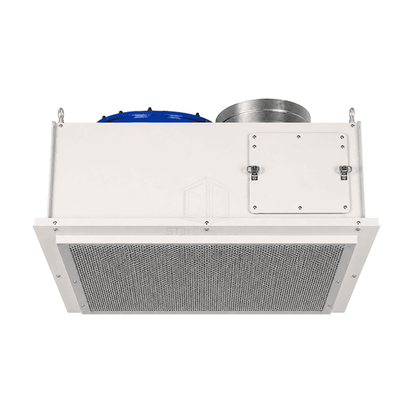 Upright discharge view of the BFU perforated plate and room-side filter frame