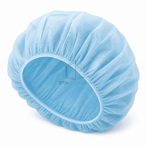 Blue bouffant cap view highlighting stitched elastic edge