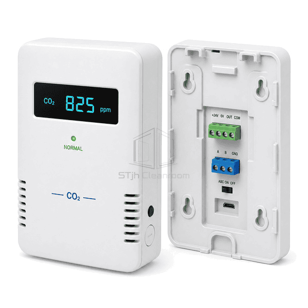 Rear three-quarter view of the entire CO2 sensor with protected diffusion channels, wall-base latch and pluggable network terminal clearly exposed