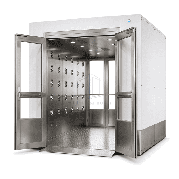 Complete wide cargo cleanroom air shower for carts and palletised materials