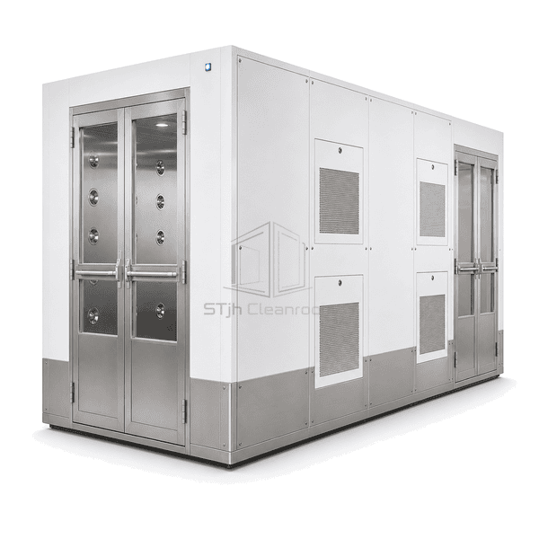 Service-side view showing multiple blower-filter bays on the cargo air shower