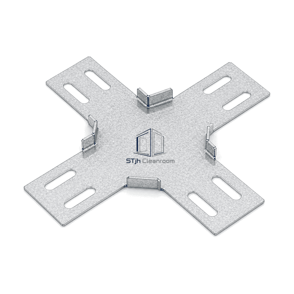 Horizontal oblique view of the four-way slotted ceiling connector plate
