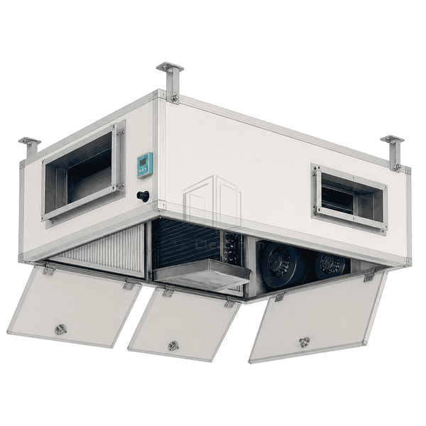 Bottom-open ceiling air handler showing filters coil and EC fan