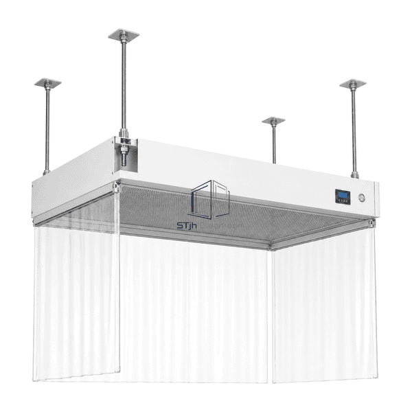 Close view of an adjustable ceiling hanger and gasketed filter-module joint