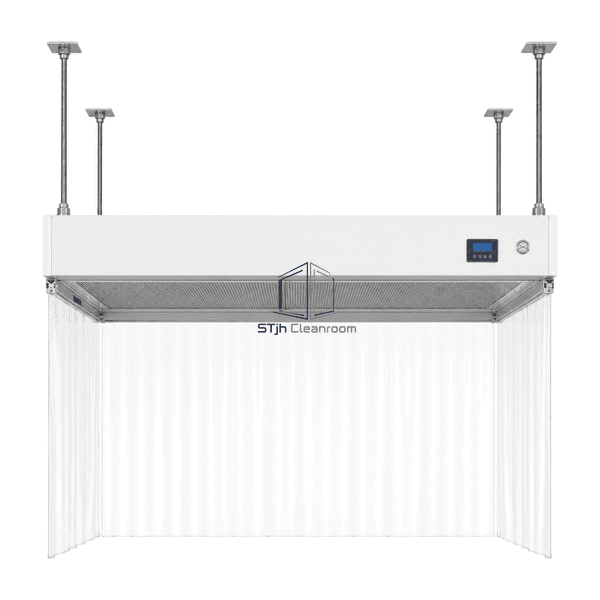 Front elevation of the suspended HEPA hood and clear side curtains
