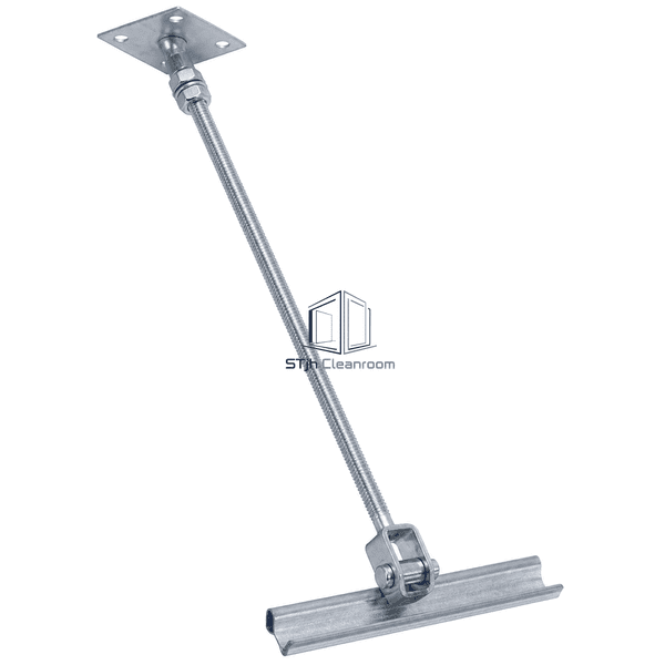 Side view showing threaded rod, locknuts and pinned ceiling-channel connection