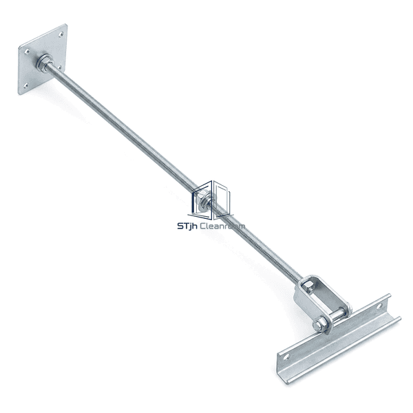 Upright view of a ceiling suspension rod with anchor plate and grid clevis