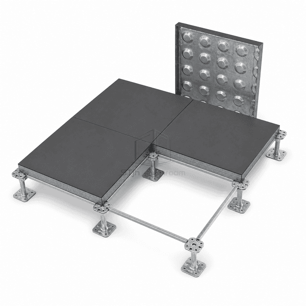Three seated steel floor panels and one removed panel showing its domed underside