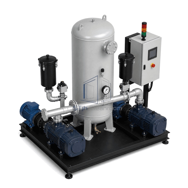 Complete central vacuum pump system elevated left-front view showing the receiver top, twin filter branches and common suction manifold