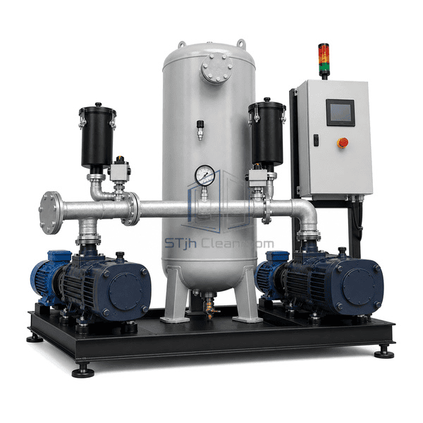 Complete central vacuum pump system low front-right view emphasizing the G2 inlet, two branch valves, gauge and receiver drain