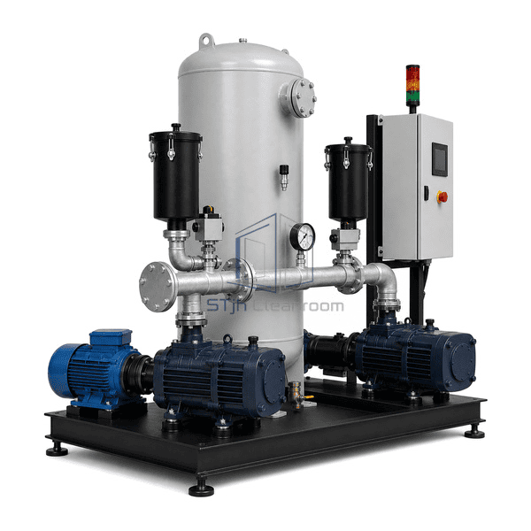Complete central vacuum pump system left-side view emphasizing both oil-sealed pump trains, inlet filters and isolation valves