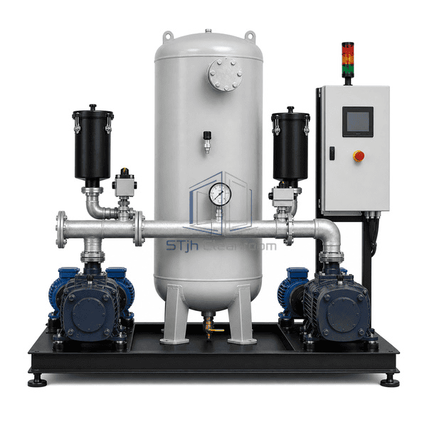 Central vacuum pump system straight front view showing the duplex pump symmetry, vertical buffer tank, gauge and controller