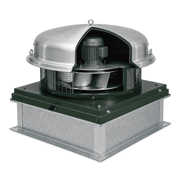 Open-hood view showing the centrifugal wheel motor and drive inside the roof fan