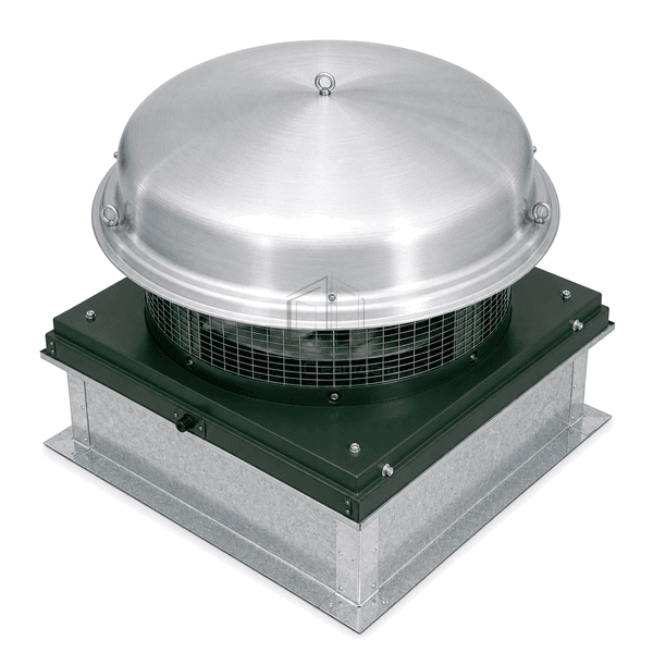 Complete rooftop view of the centrifugal exhaust fan mounted on a square curb