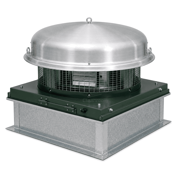 Gasketed curb cap hood fasteners and downward discharge opening on the roof fan