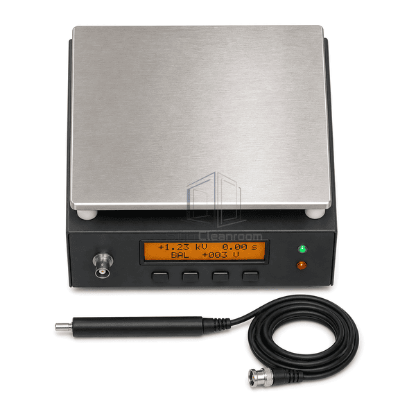 Overhead view of square charge plate monitor sensing surface and complete probe cable
