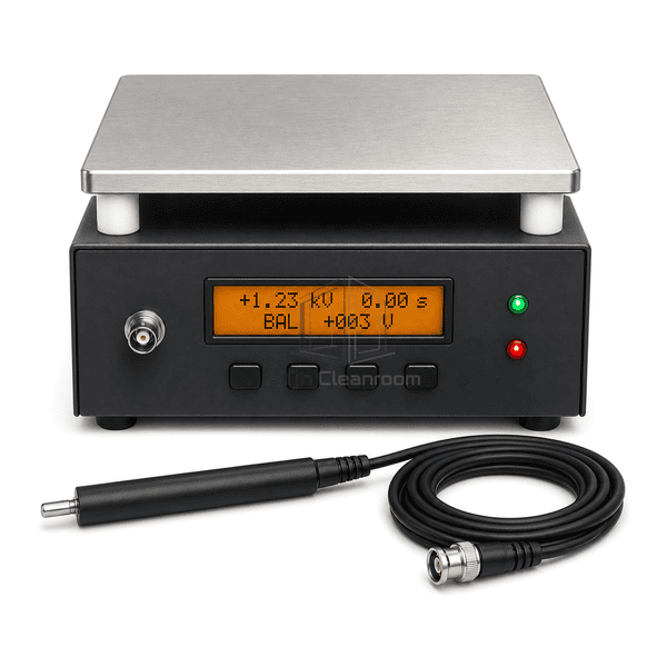 Front view of charge plate analyzer with four controls status lamps and cabled probe