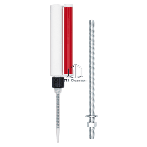 Side view showing chemical anchor cartridge chambers and threaded hardware