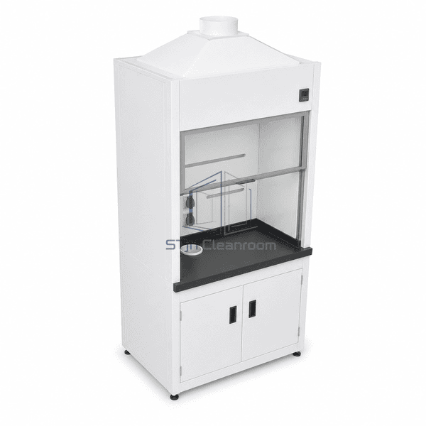 Chemical exhaust cabinet complete elevated left view showing the tapered exhaust collar, sash assembly and full cabinet depth