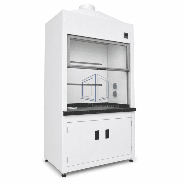 Chemical exhaust cabinet complete low opposite-side view emphasizing the sash track, containment sill and chemical-resistant worktop interface