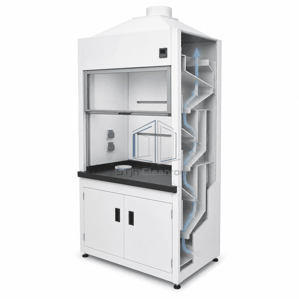 Chemical exhaust cabinet complete side cutaway revealing the rear extraction baffle and upper plenum behind the work chamber
