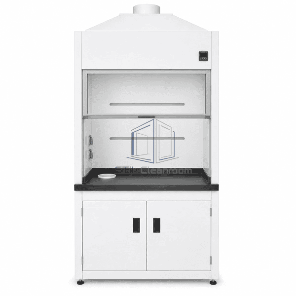 Chemical exhaust cabinet complete upright front view showing the adjustable sash, airflow monitor and lower double doors