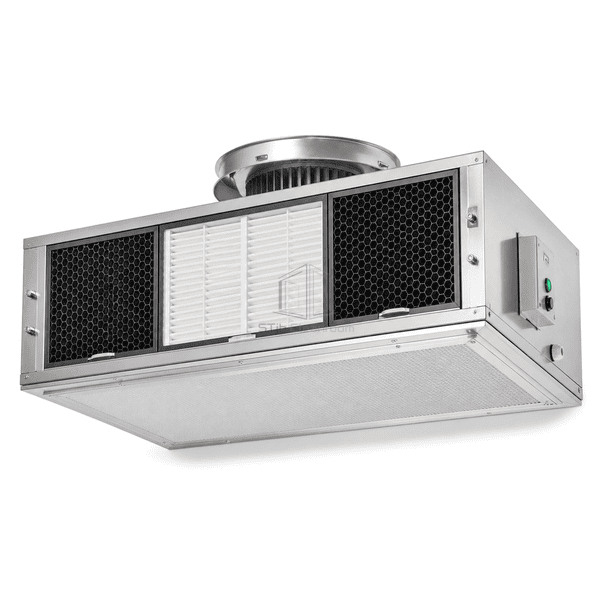Low-profile chemical filter FFU in complete horizontal service orientation