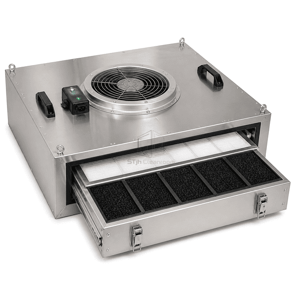Complete chemical filter FFU with partially withdrawn media drawer and gasket interface