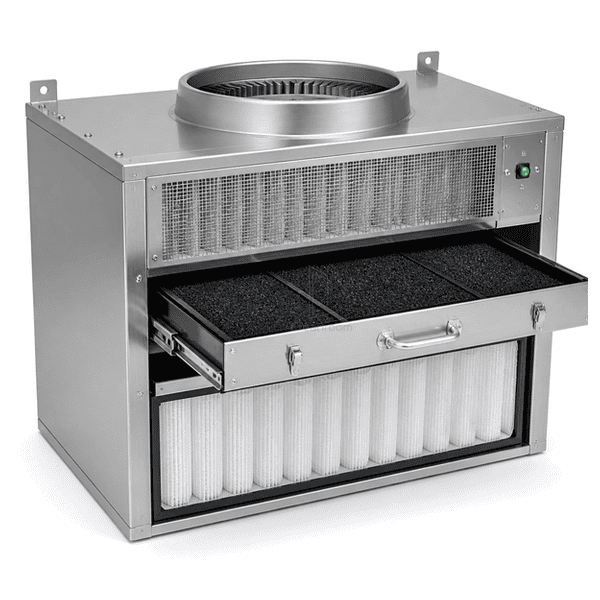 Chemical filter FFU side view showing fan housing and filter depth
