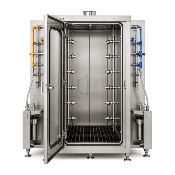 Front elevation of the chemical suit shower and interlocked personnel door