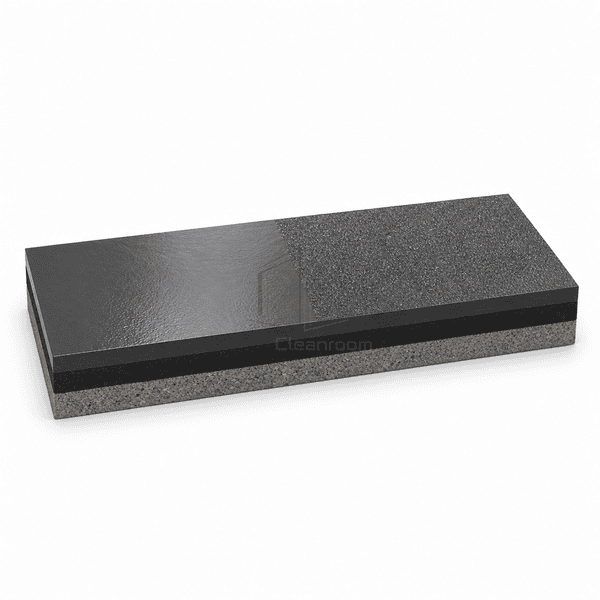 Long novolac epoxy flooring strip comparing a smooth charcoal finish with a sealed fine anti-slip aggregate finish