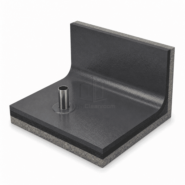 Chemical-resistant novolac epoxy flooring cove with a rounded charcoal upstand and sealed stainless pipe penetration