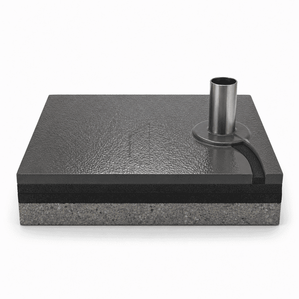 Novolac epoxy flooring cutaway with charcoal barrier layers, a stainless pipe collar and a radial reinforced stripe-coat section