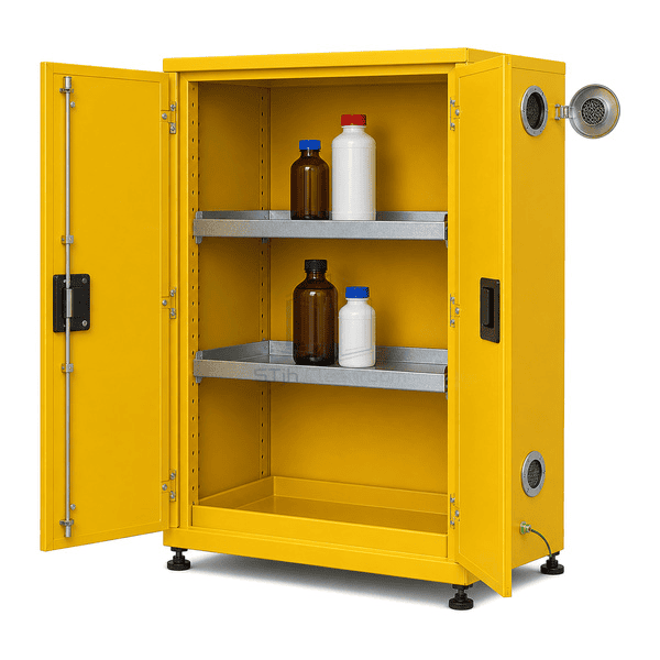 Open chemical safety cabinet showing spill-control shelves three-point latch sump and grounding stud