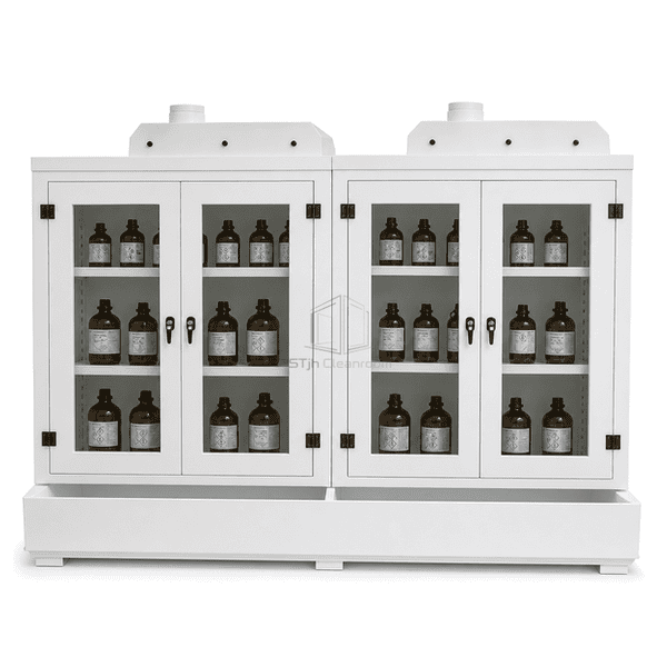 Wide dual-compartment chemical supply cabinet with full-width spill sump