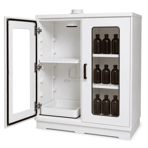 Complete chemical supply cabinet with open door showing gasket, shelf and spill-containment interfaces