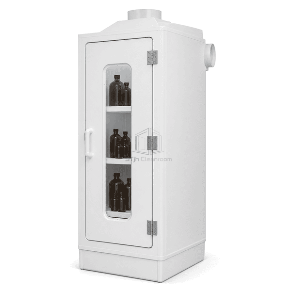 Polypropylene chemical supply cabinet side view showing exhaust connection and depth