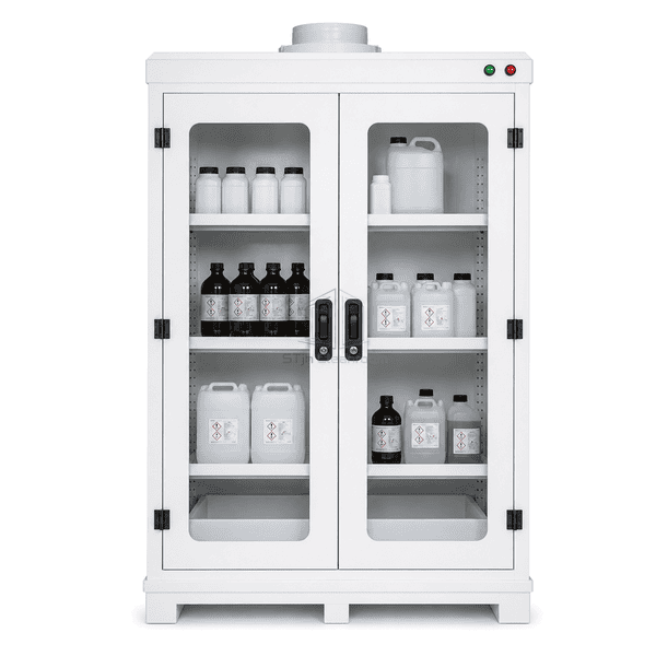 Cleanroom chemical supply cabinet full front view through static-dissipative windows