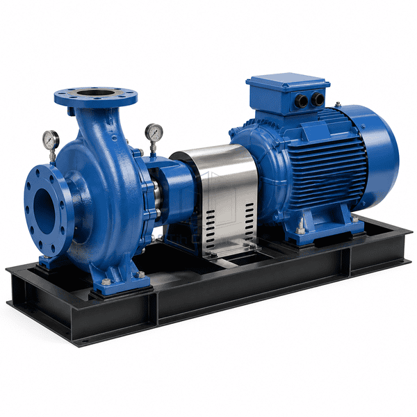 Opposite three-quarter view of the complete chilled-water pump set