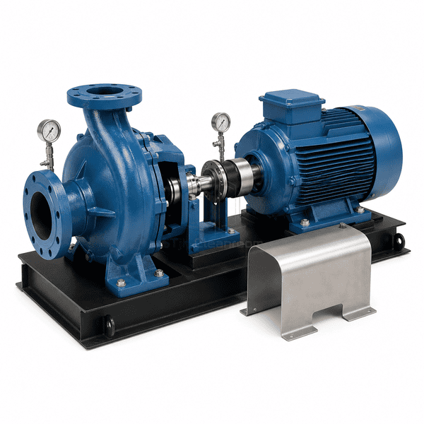 Chilled-water pump with coupling guard removed for service