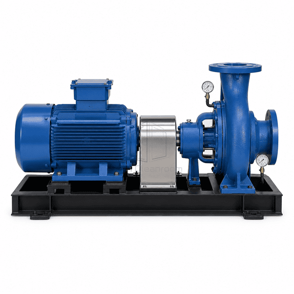 Side elevation of the same chilled-water pump and motor