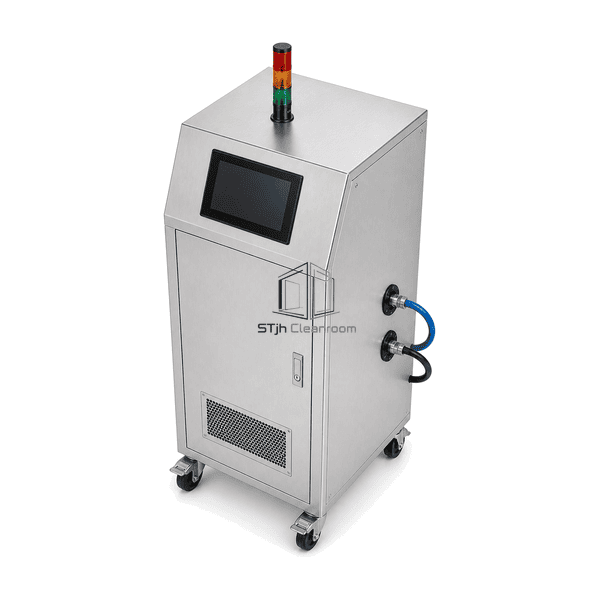 Chlorine dioxide decontamination system with delivery hose arranged horizontally