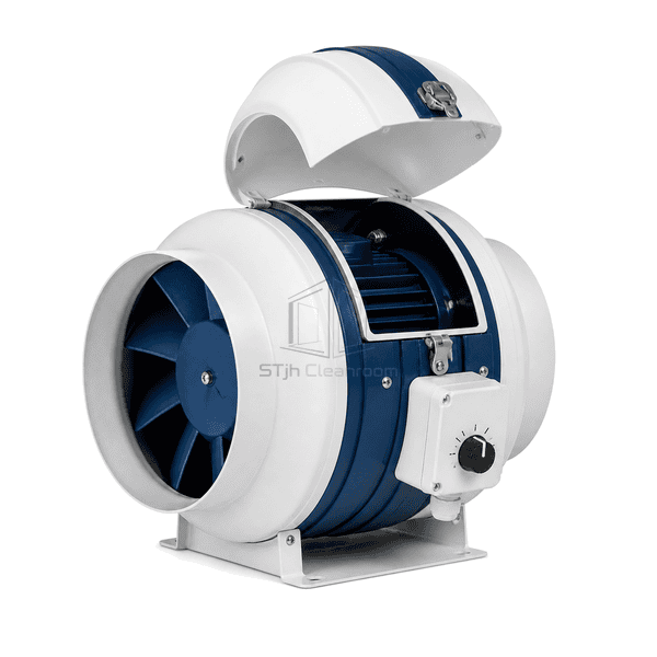 Side view showing the quick-release service housing on the EC inline duct fan