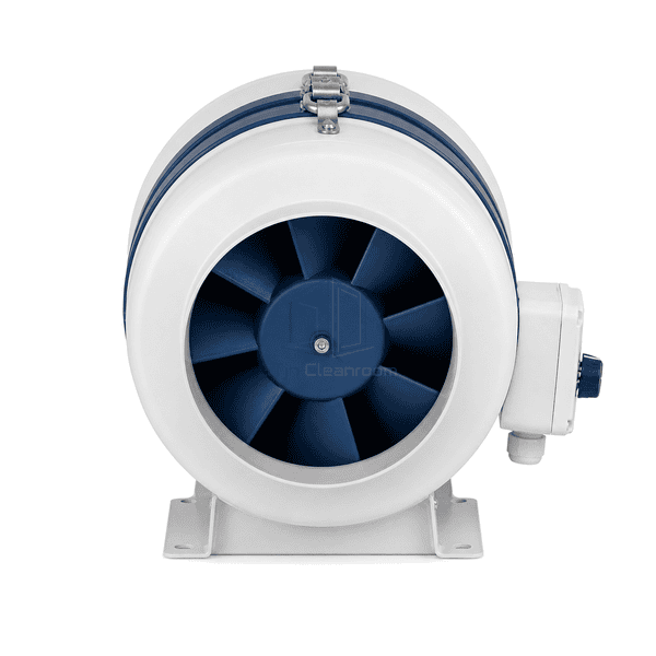 Front inlet view of the compact circular inline duct fan and mixed-flow impeller