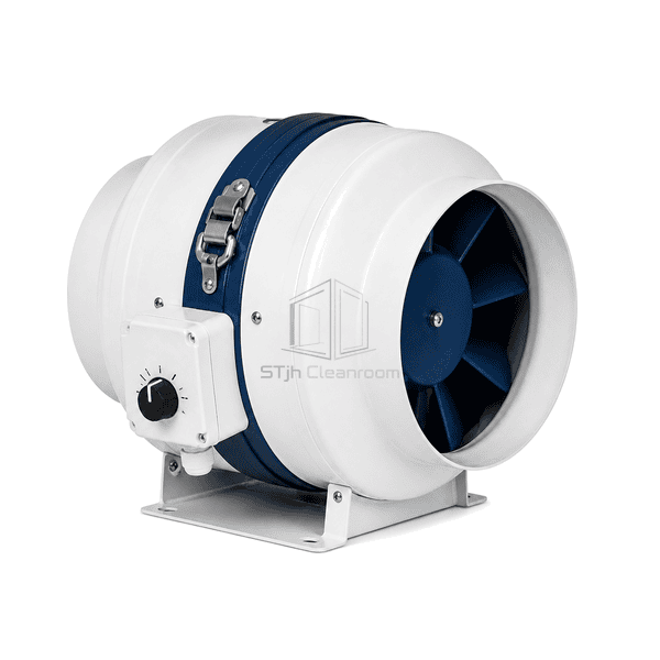 Complete horizontal circular inline fan connected between round duct collars