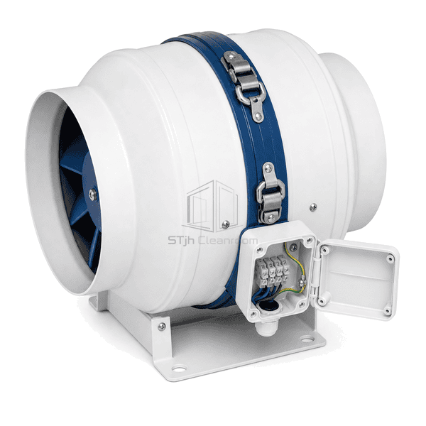 Clamp-release split housing and circular spigot detail on the inline duct fan