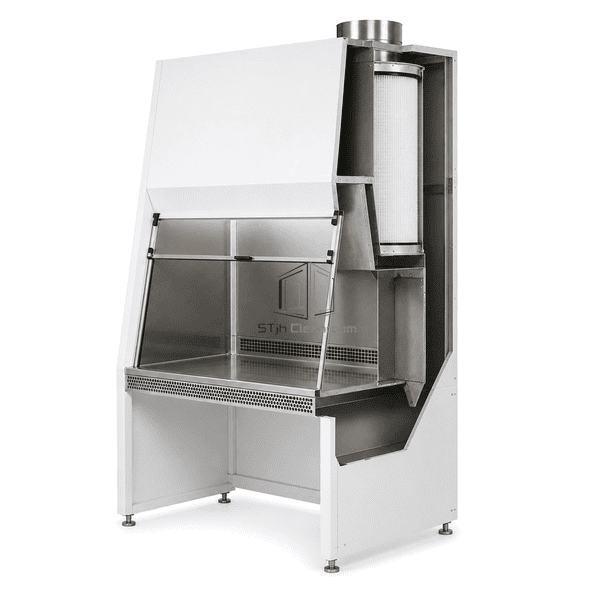 Side cutaway showing inward airflow and the HEPA exhaust path