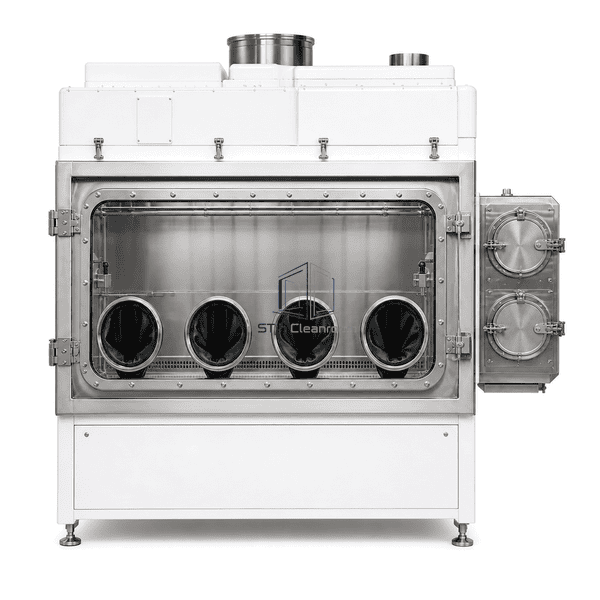 Front view of the Class III cabinet viewing window and glove ports